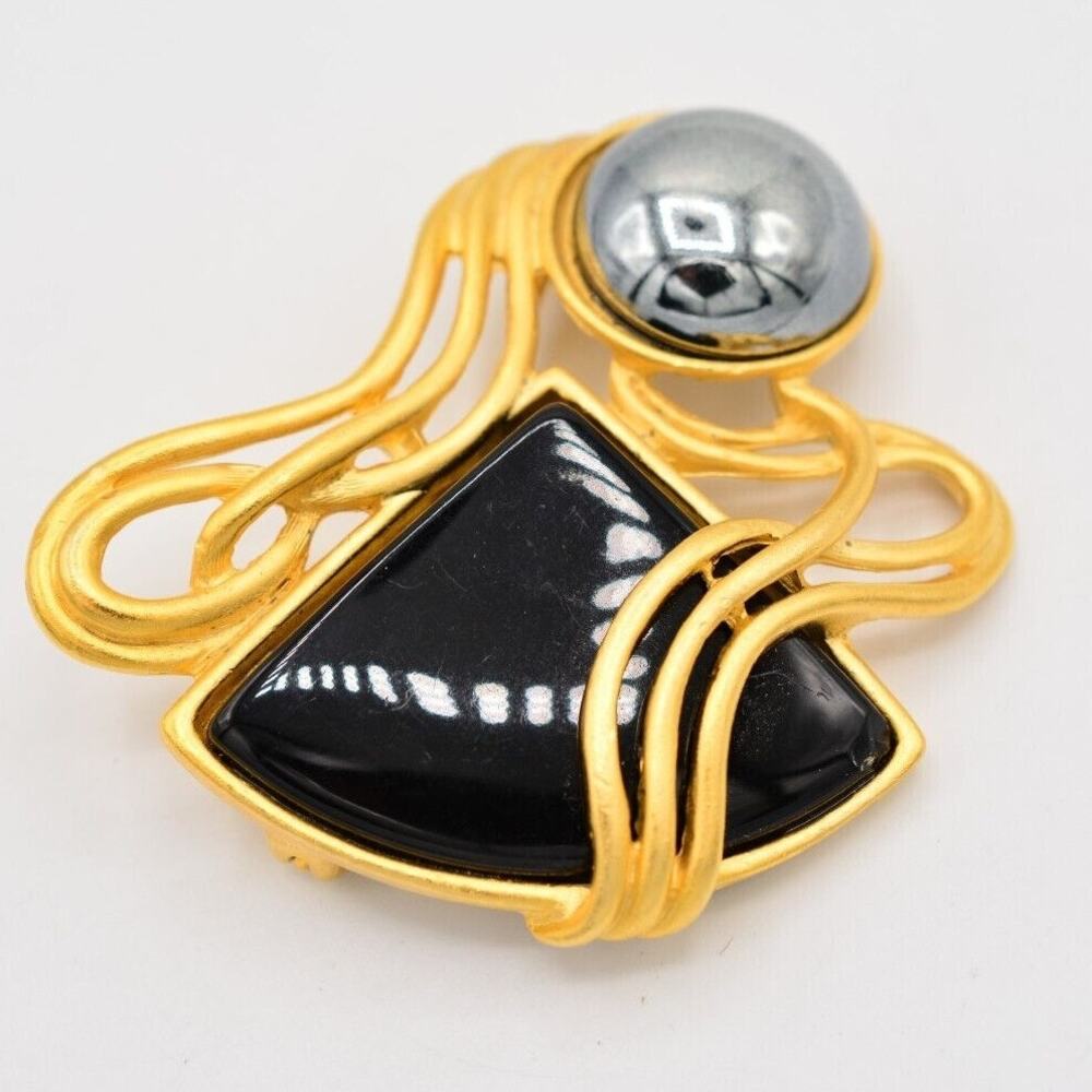 Vintage Cabochon Pin Brooch Black Gunmetal Chunky Brushed Gold Deco 1980s BinA9